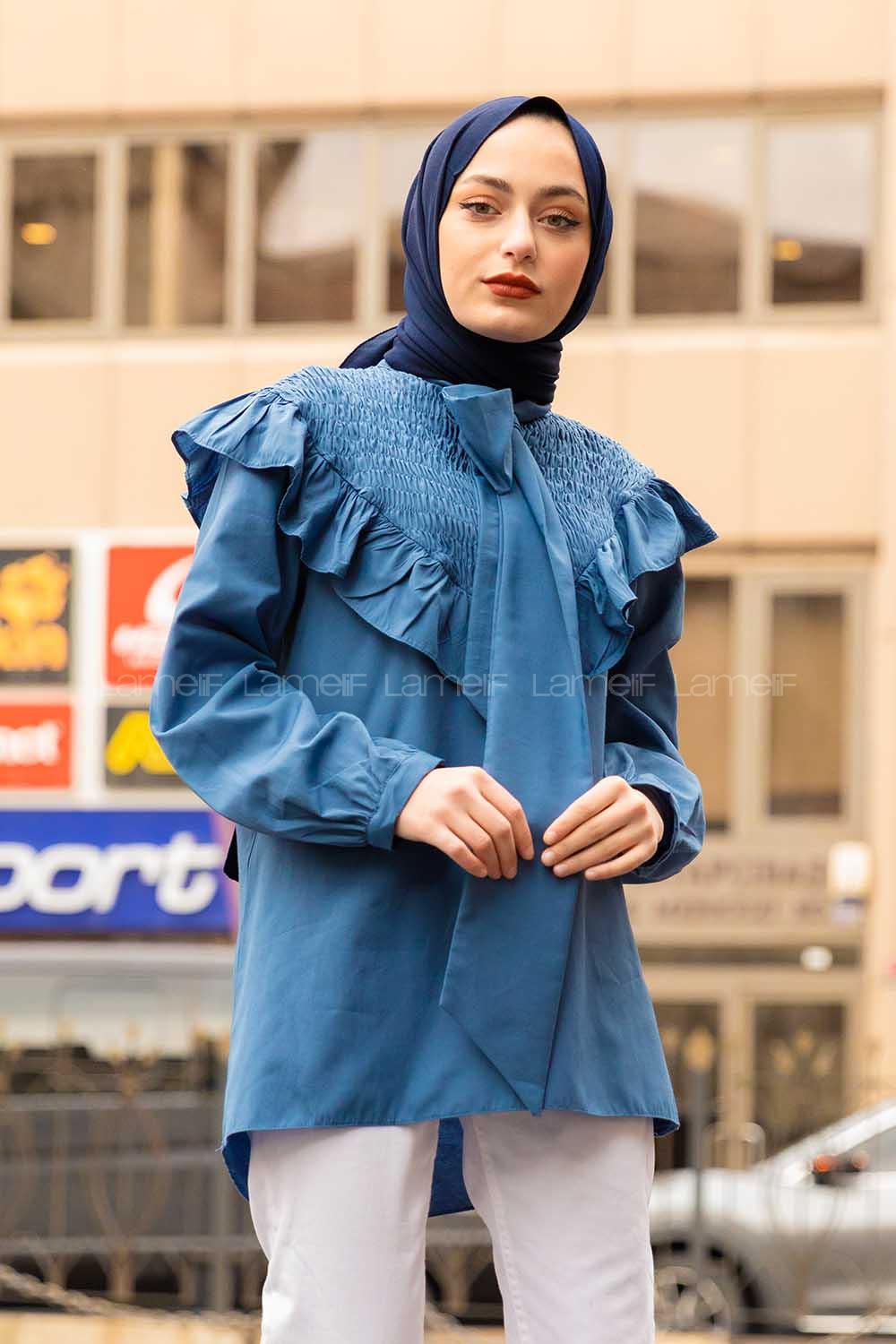 Modalamelif Fularlı Yaka Gipeli Gömlek Tunik İndigo