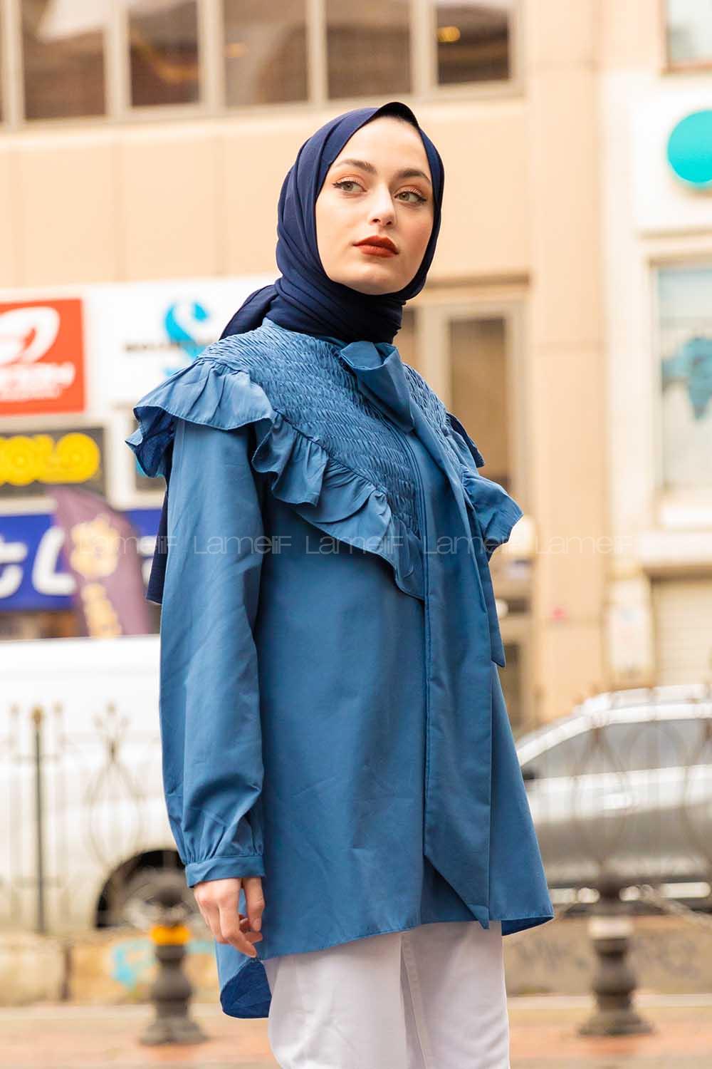 Modalamelif Fularlı Yaka Gipeli Gömlek Tunik İndigo