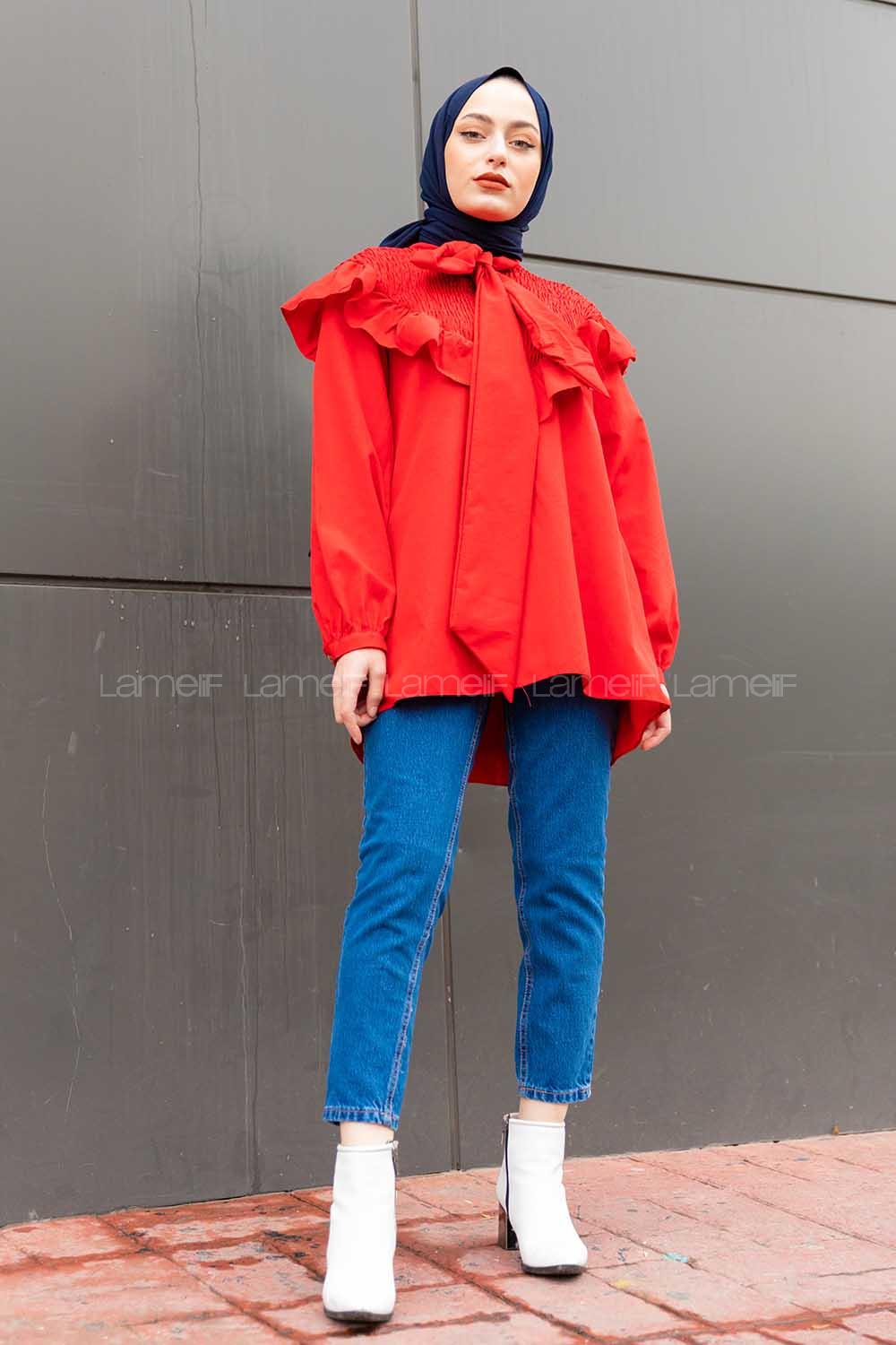 Modalamelif Fularlı Yaka Gipeli Gömlek Tunik Kırmızı