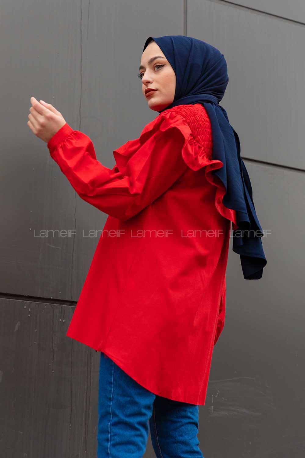 Modalamelif Fularlı Yaka Gipeli Gömlek Tunik Kırmızı