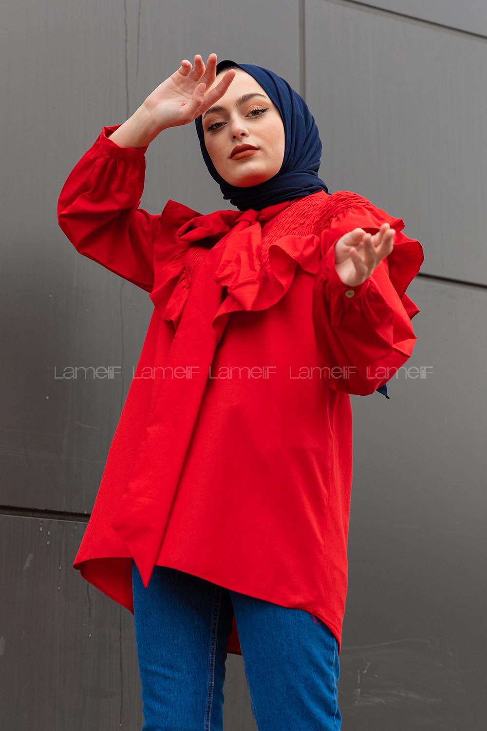 Modalamelif Fularlı Yaka Gipeli Gömlek Tunik Kırmızı