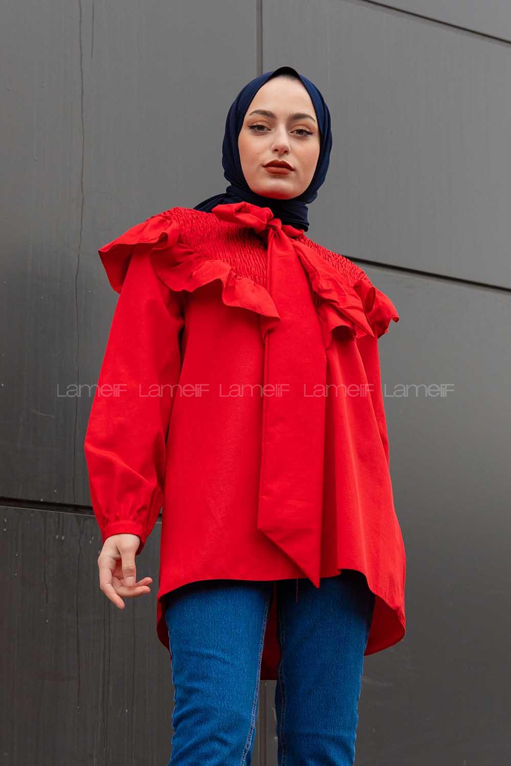 Modalamelif Fularlı Yaka Gipeli Gömlek Tunik Kırmızı