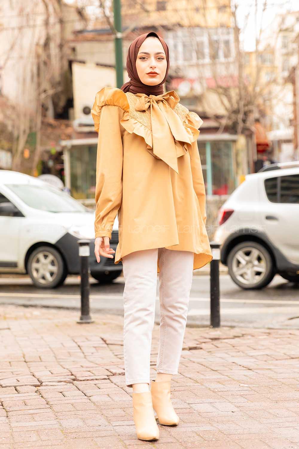 Modalamelif Fularlı Yaka Gipeli Gömlek Tunik Sütlü Kahve