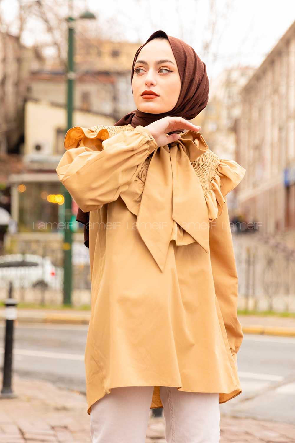 Modalamelif Fularlı Yaka Gipeli Gömlek Tunik Sütlü Kahve