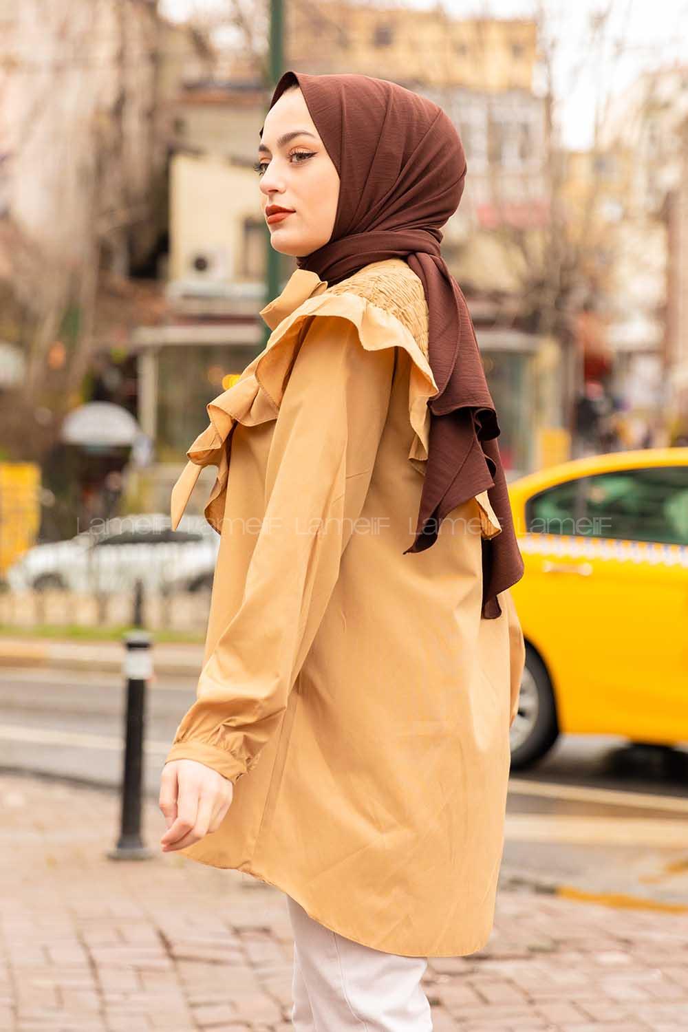 Modalamelif Fularlı Yaka Gipeli Gömlek Tunik Sütlü Kahve