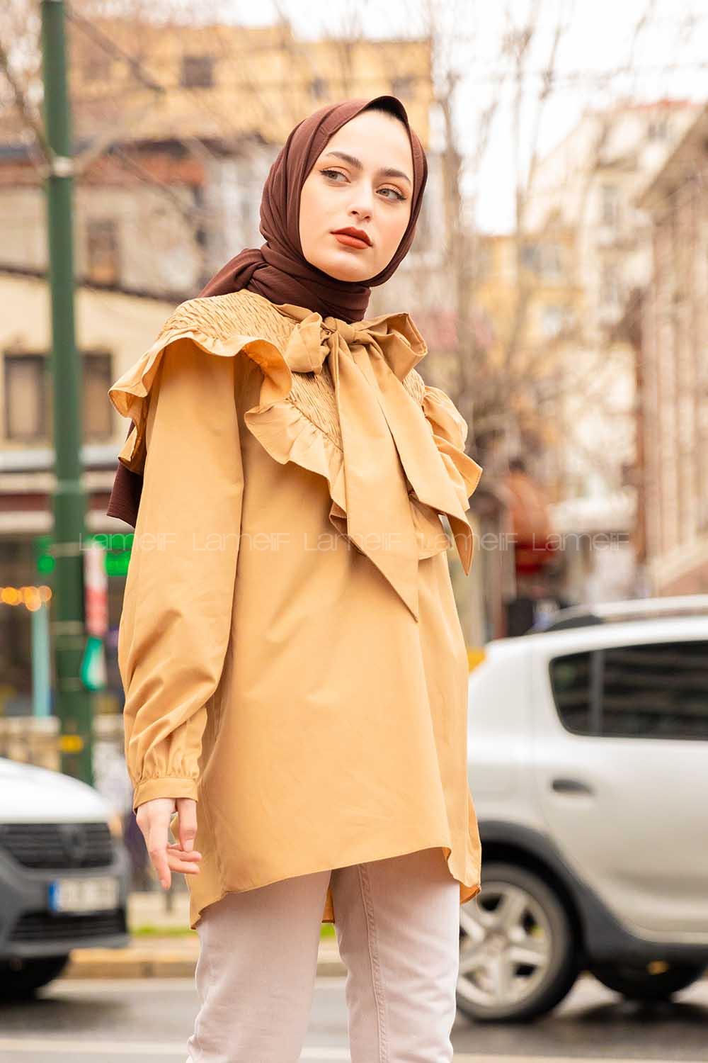 Modalamelif Fularlı Yaka Gipeli Gömlek Tunik Sütlü Kahve