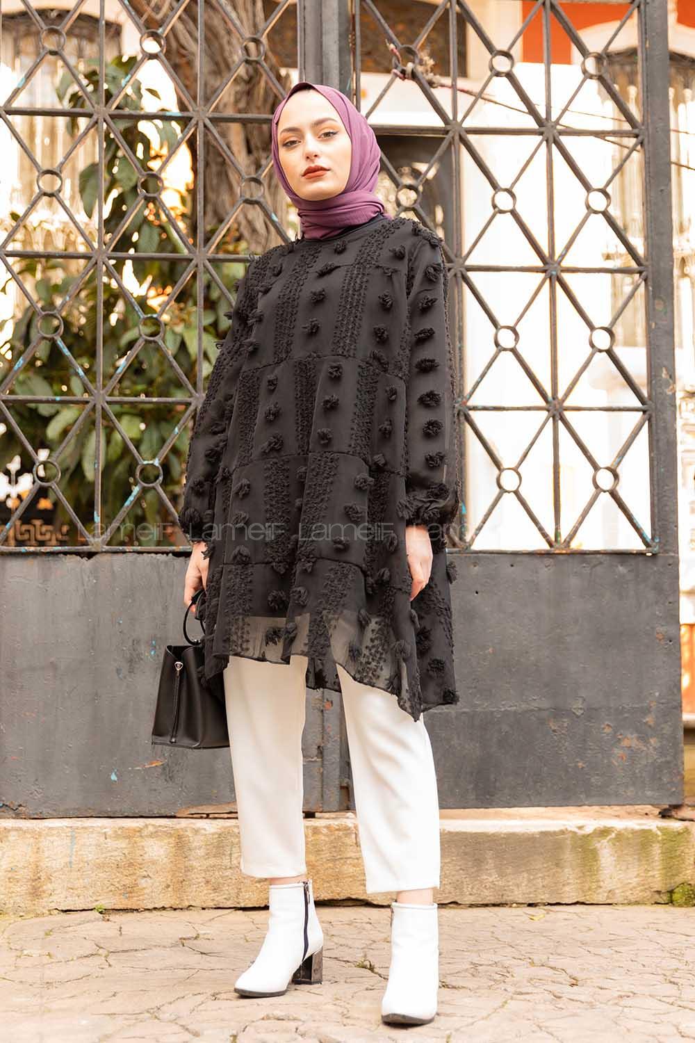 Modalamelif İçi Astarlı  Ponponlu  Tunik Siyah