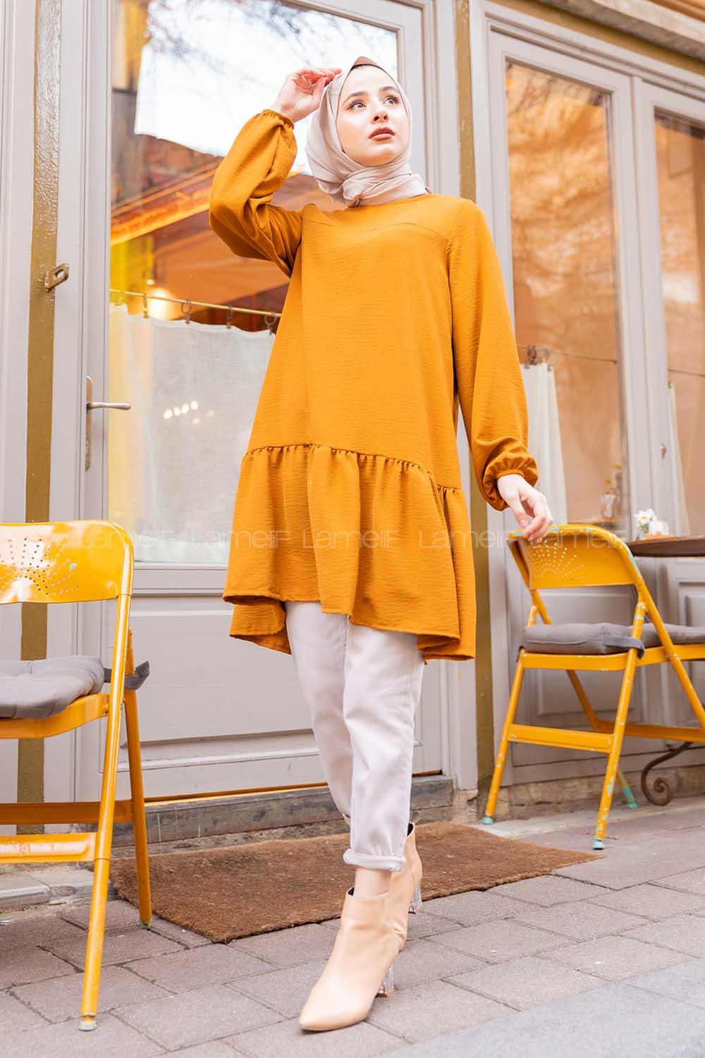 Modalamelif Kol Lastikli Eteği Fırfırlı Tunik Taba