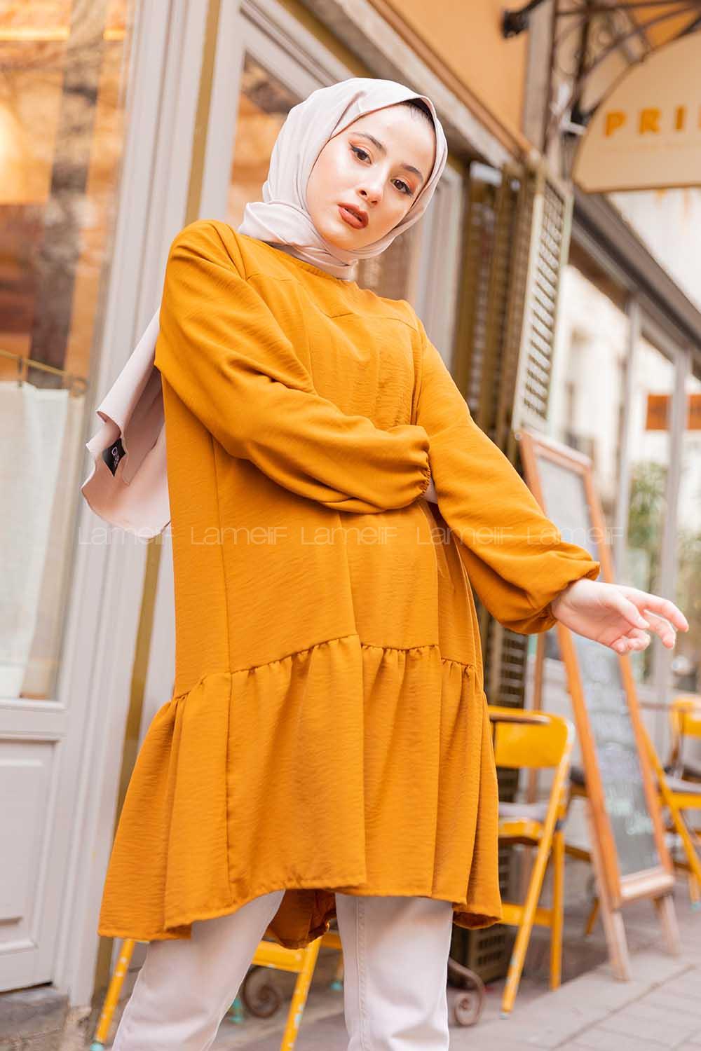 Modalamelif Kol Lastikli Eteği Fırfırlı Tunik Taba