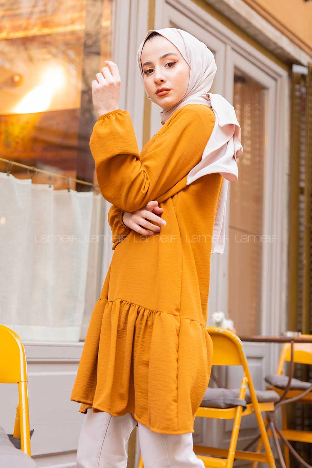 Modalamelif Kol Lastikli Eteği Fırfırlı Tunik Taba