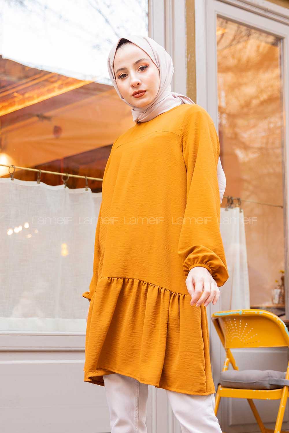 Modalamelif Kol Lastikli Eteği Fırfırlı Tunik Taba