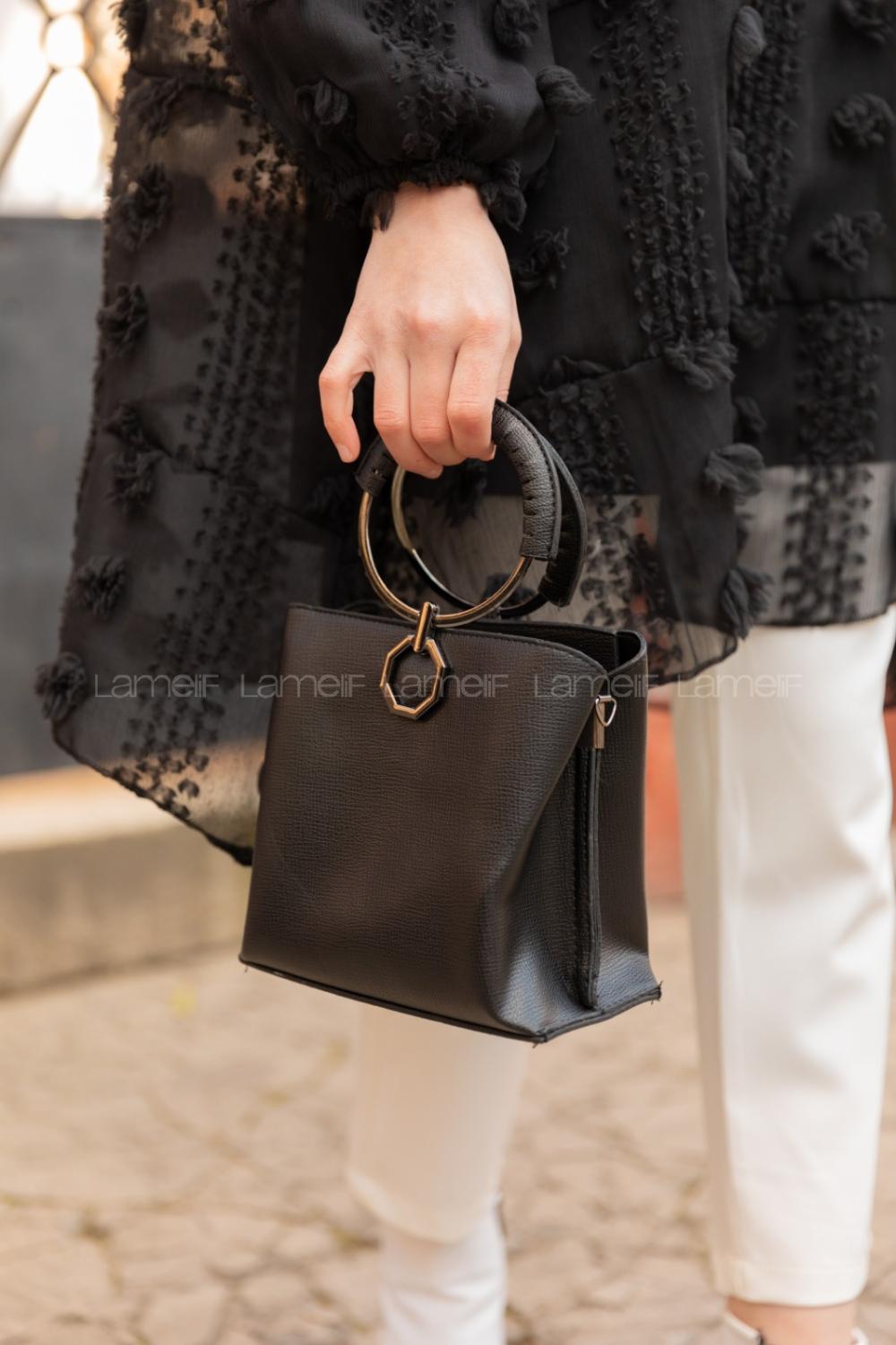 Modalamelif Metal Halka Detaylı Oval Tasarım  El Çantası Siyah