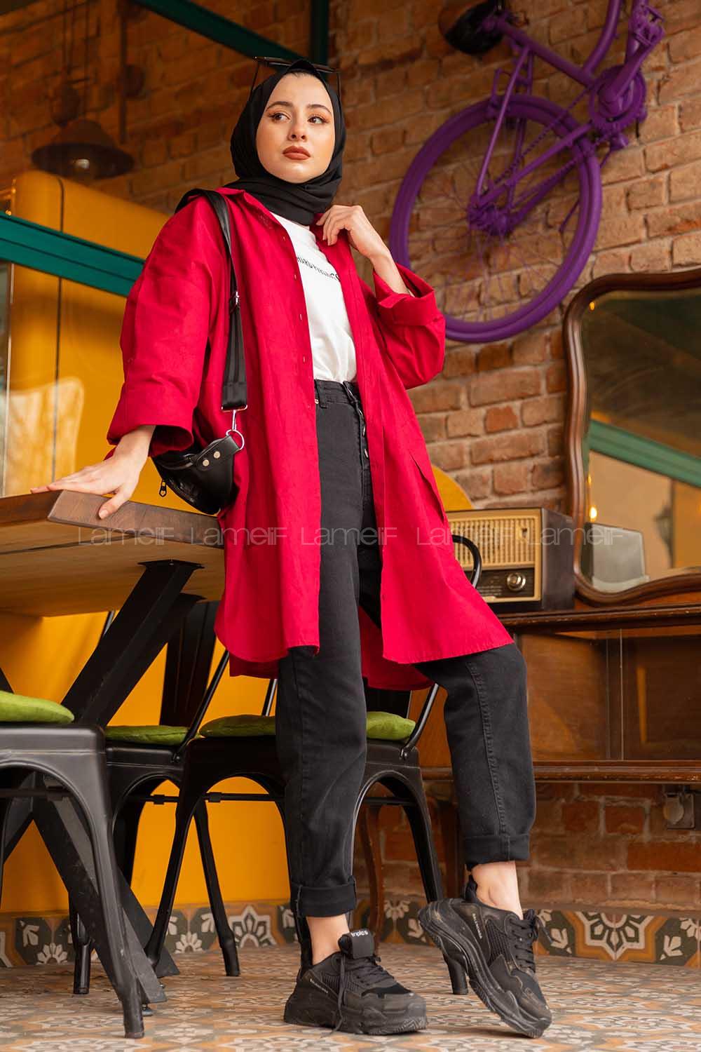 Modalamelif Önü Düğmeli Yan Cepli Gömlek Bordo