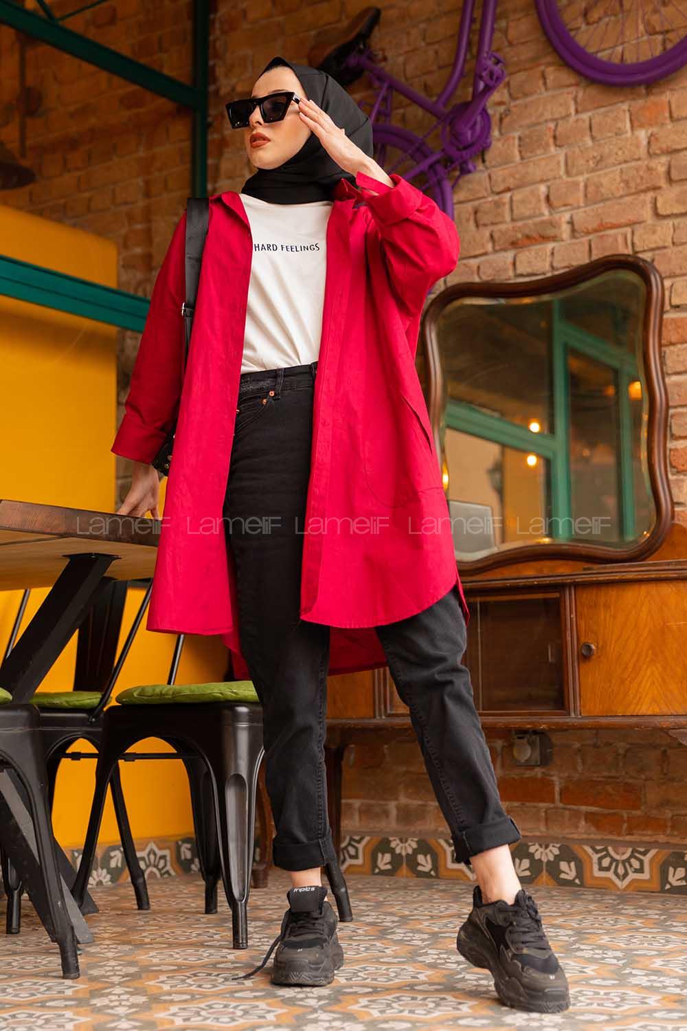 Modalamelif Önü Düğmeli Yan Cepli Gömlek Bordo