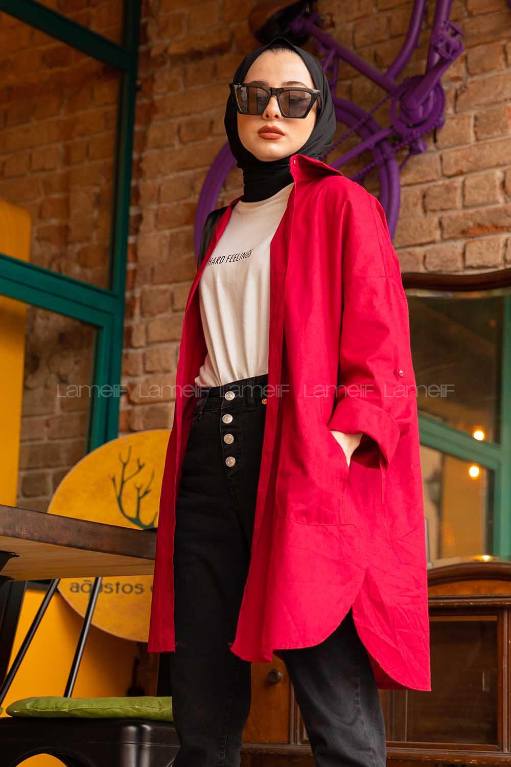 Modalamelif Önü Düğmeli Yan Cepli Gömlek Bordo