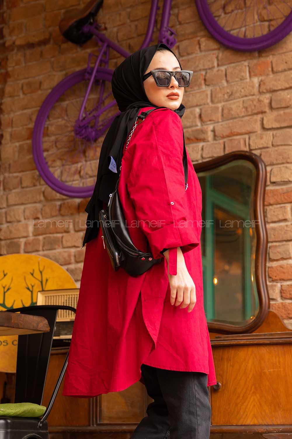 Modalamelif Önü Düğmeli Yan Cepli Gömlek Bordo