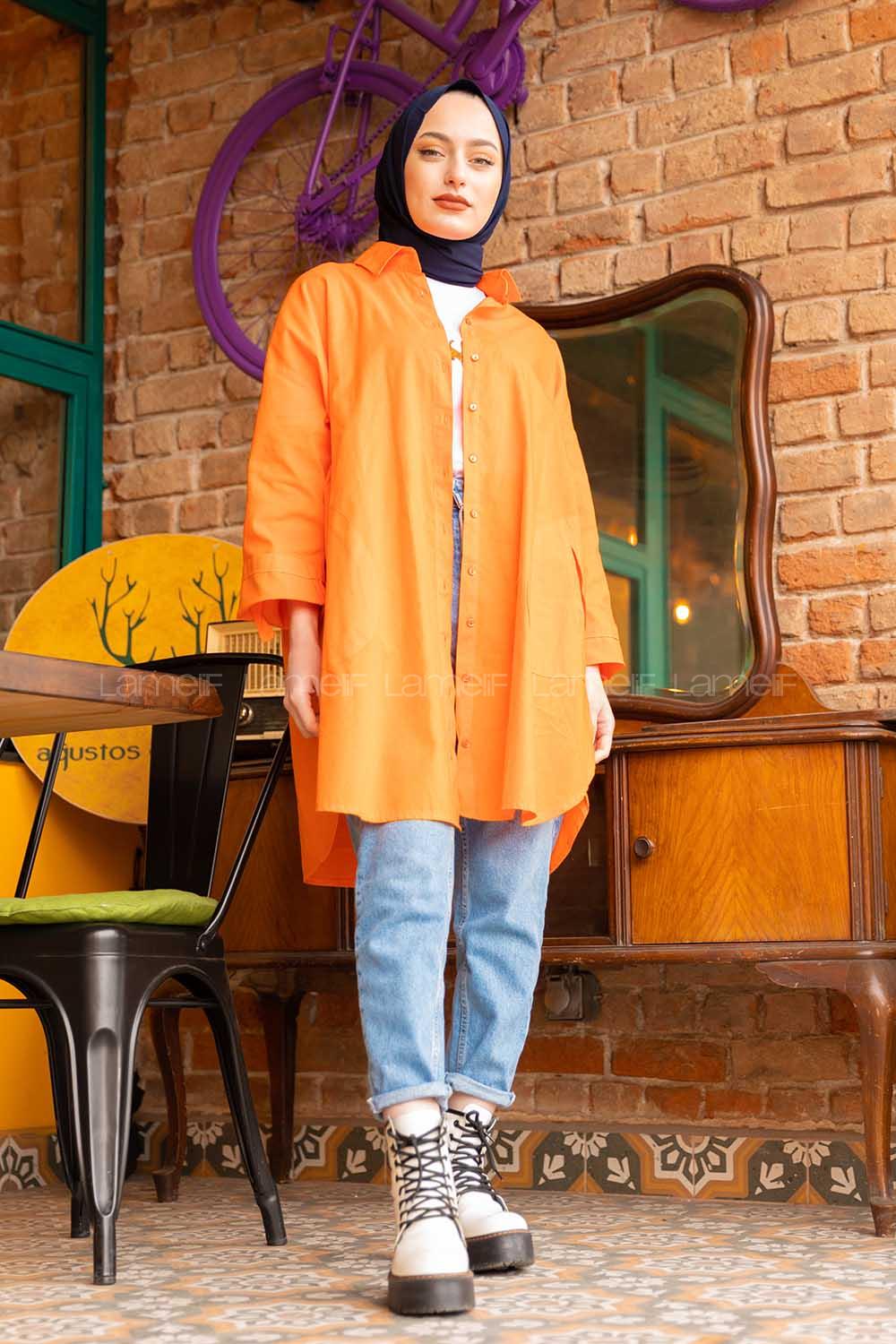 Modalamelif Önü Düğmeli Yan Cepli Gömlek Oranj