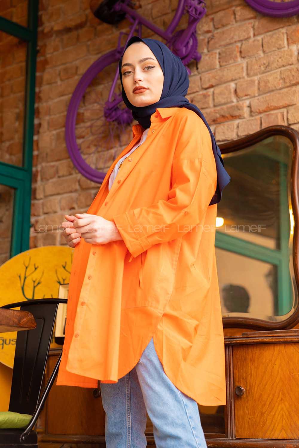 Modalamelif Önü Düğmeli Yan Cepli Gömlek Oranj