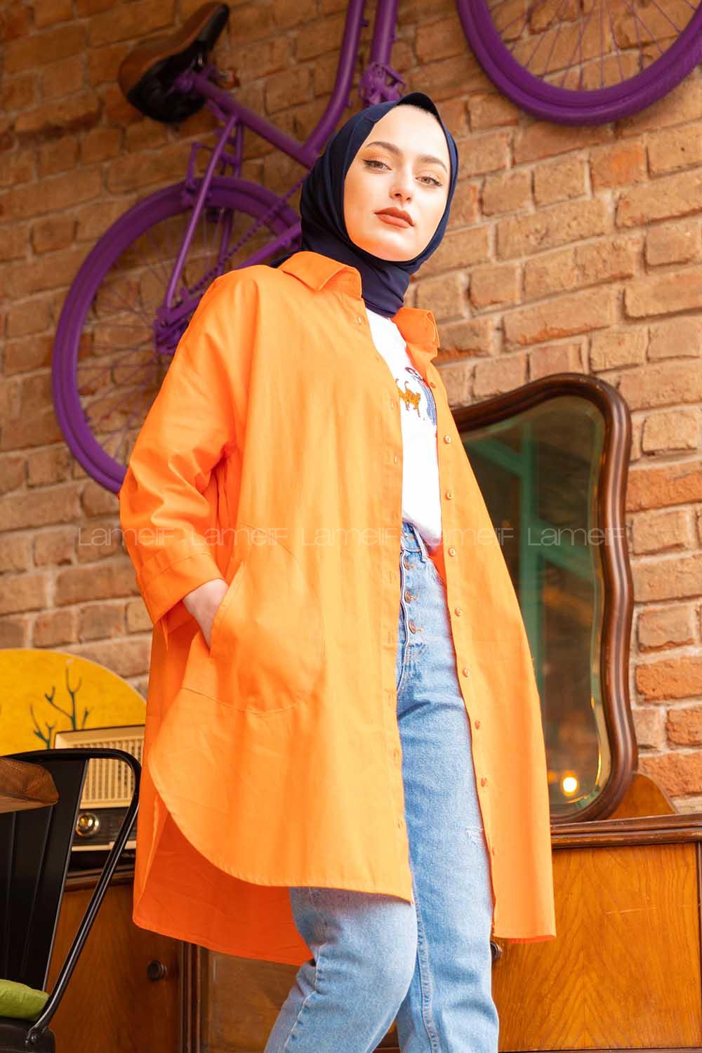 Modalamelif Önü Düğmeli Yan Cepli Gömlek Oranj