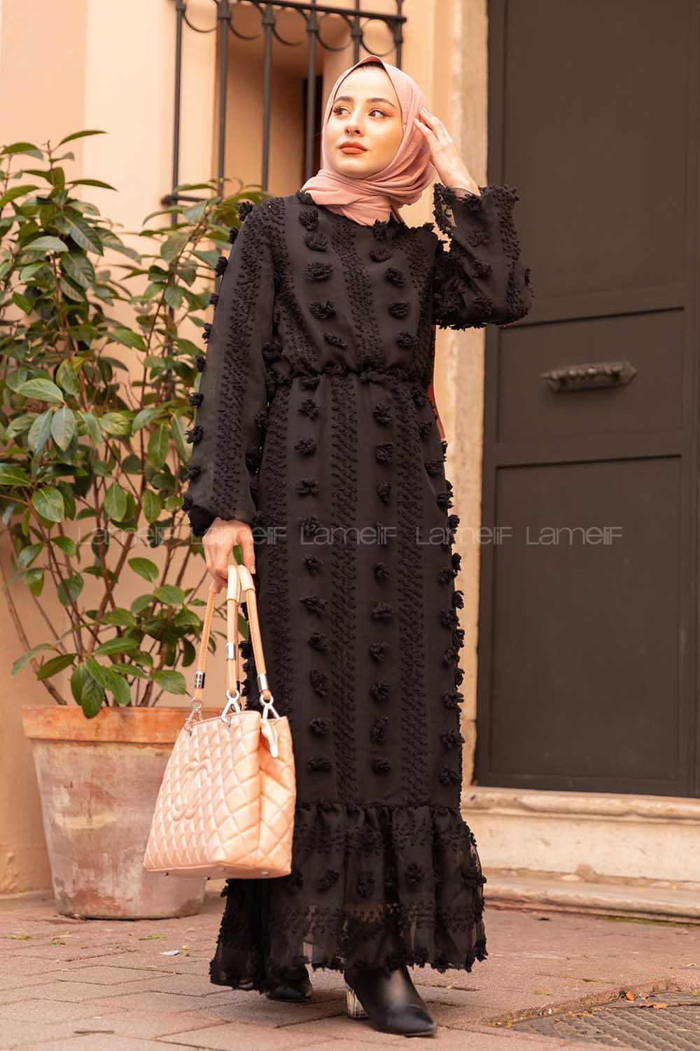 Modalamelif  Ponponlu  İçi Astarlı Elbise Siyah