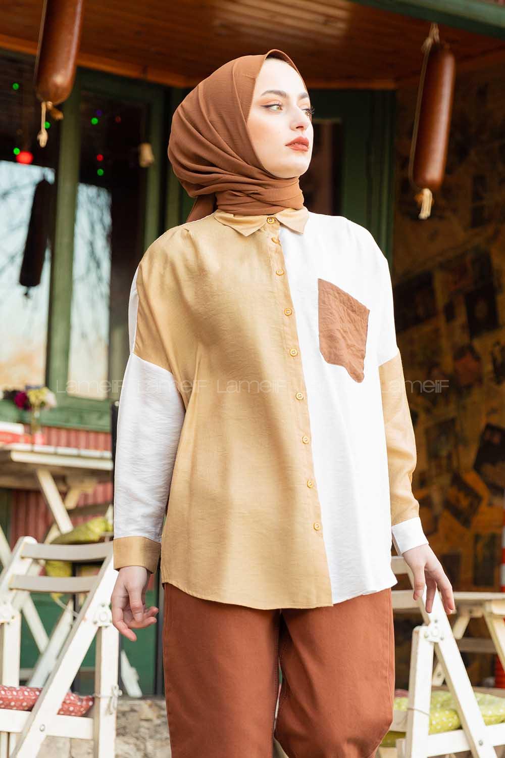 Modalamelif Üç Renk Detaylı Gömlek Bej