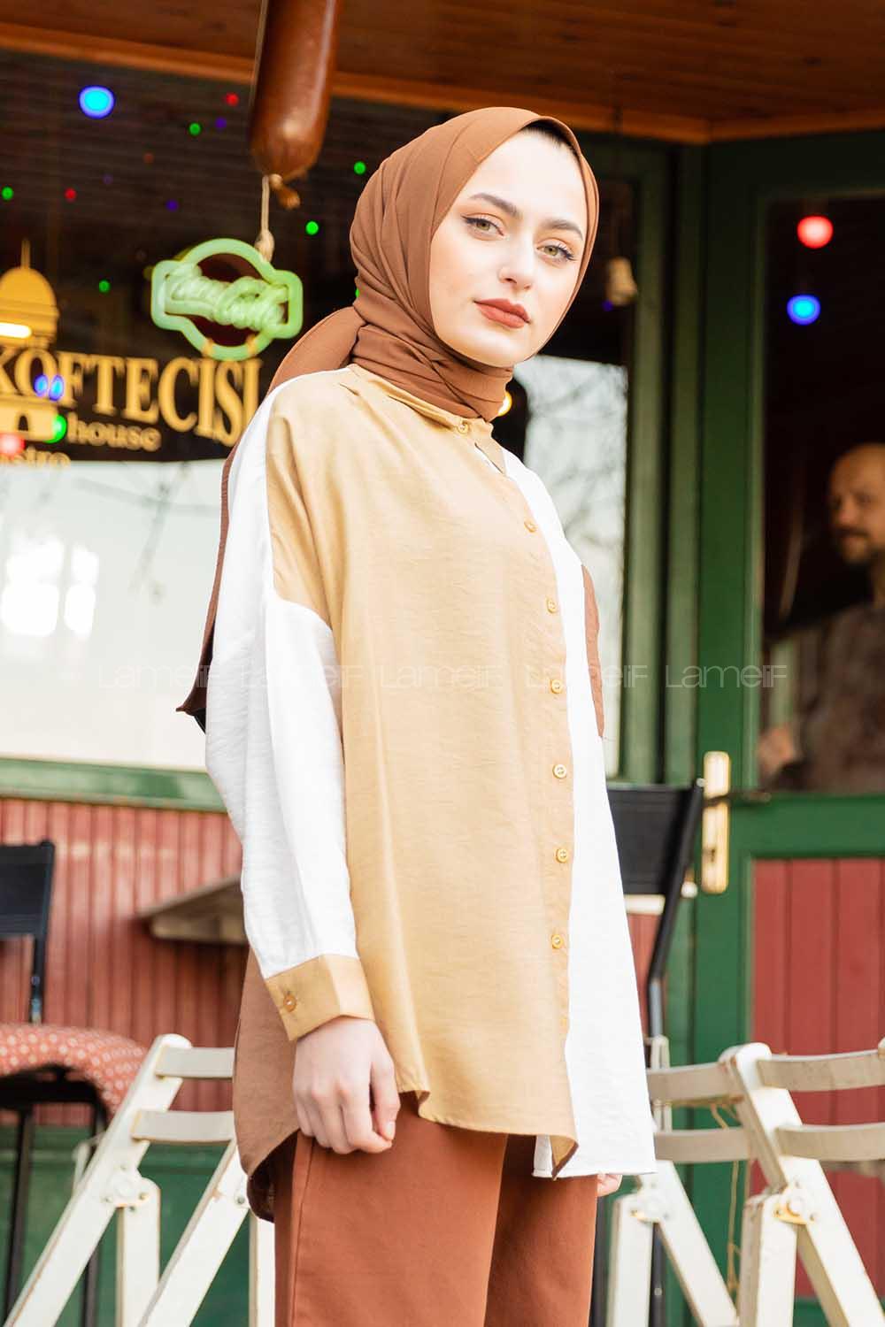 Modalamelif Üç Renk Detaylı Gömlek Bej