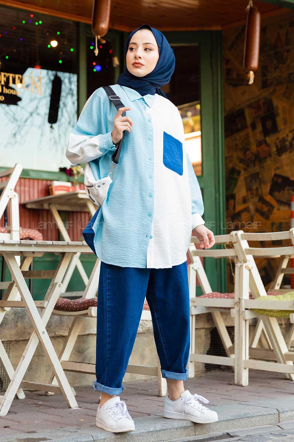 Modalamelif Üç Renk Detaylı Gömlek Mavi