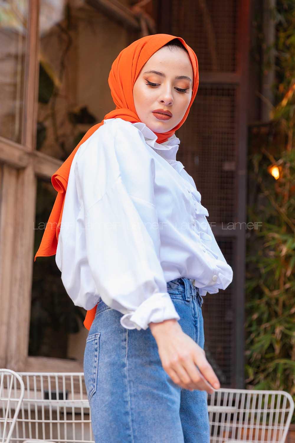 Modalamelif Yaka Fırfırlı Gömlek Beyaz