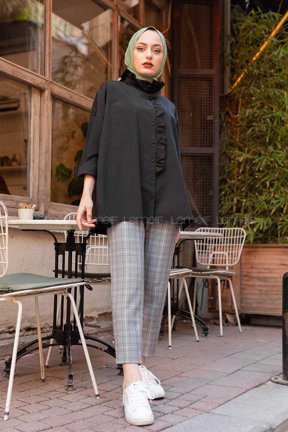 Modalamelif Yaka Fırfırlı Gömlek Siyah