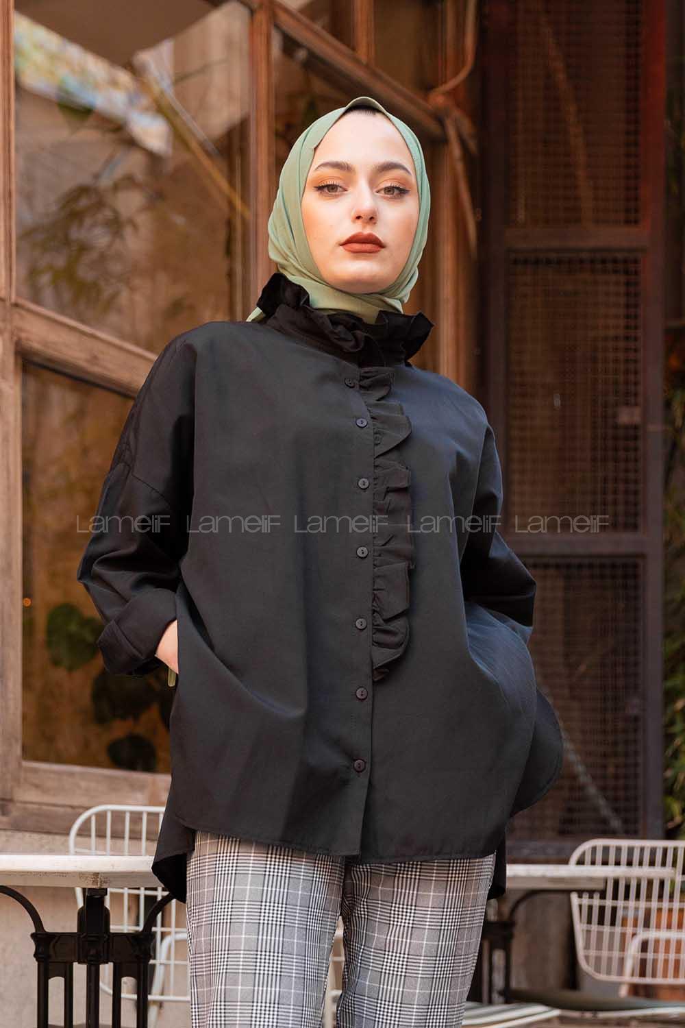 Modalamelif Yaka Fırfırlı Gömlek Siyah