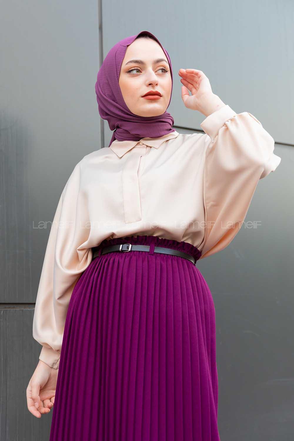 Modalamelif Yarasa Kol Düz Renk Saten Bluz Bej