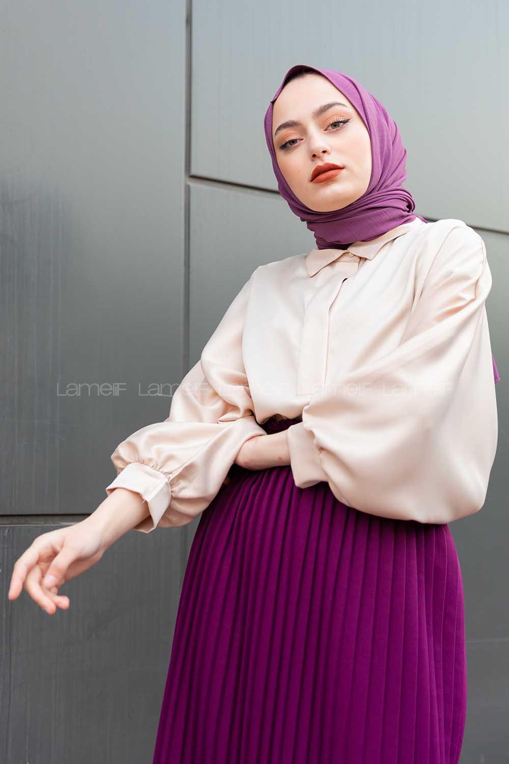 Modalamelif Yarasa Kol Düz Renk Saten Bluz Bej