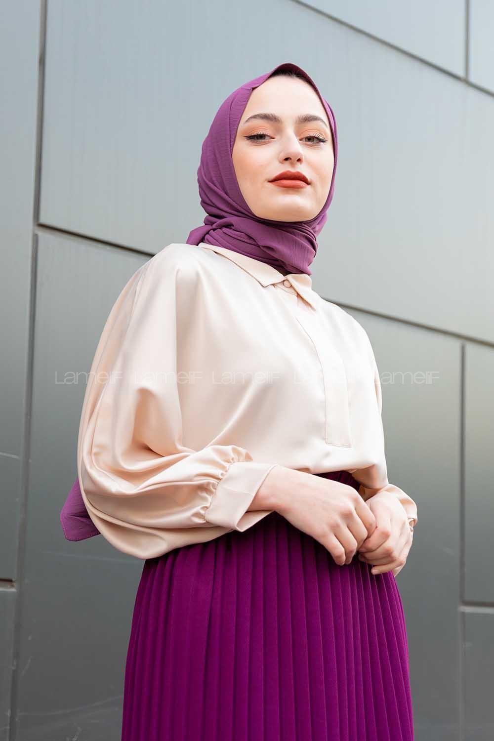 Modalamelif Yarasa Kol Düz Renk Saten Bluz Bej