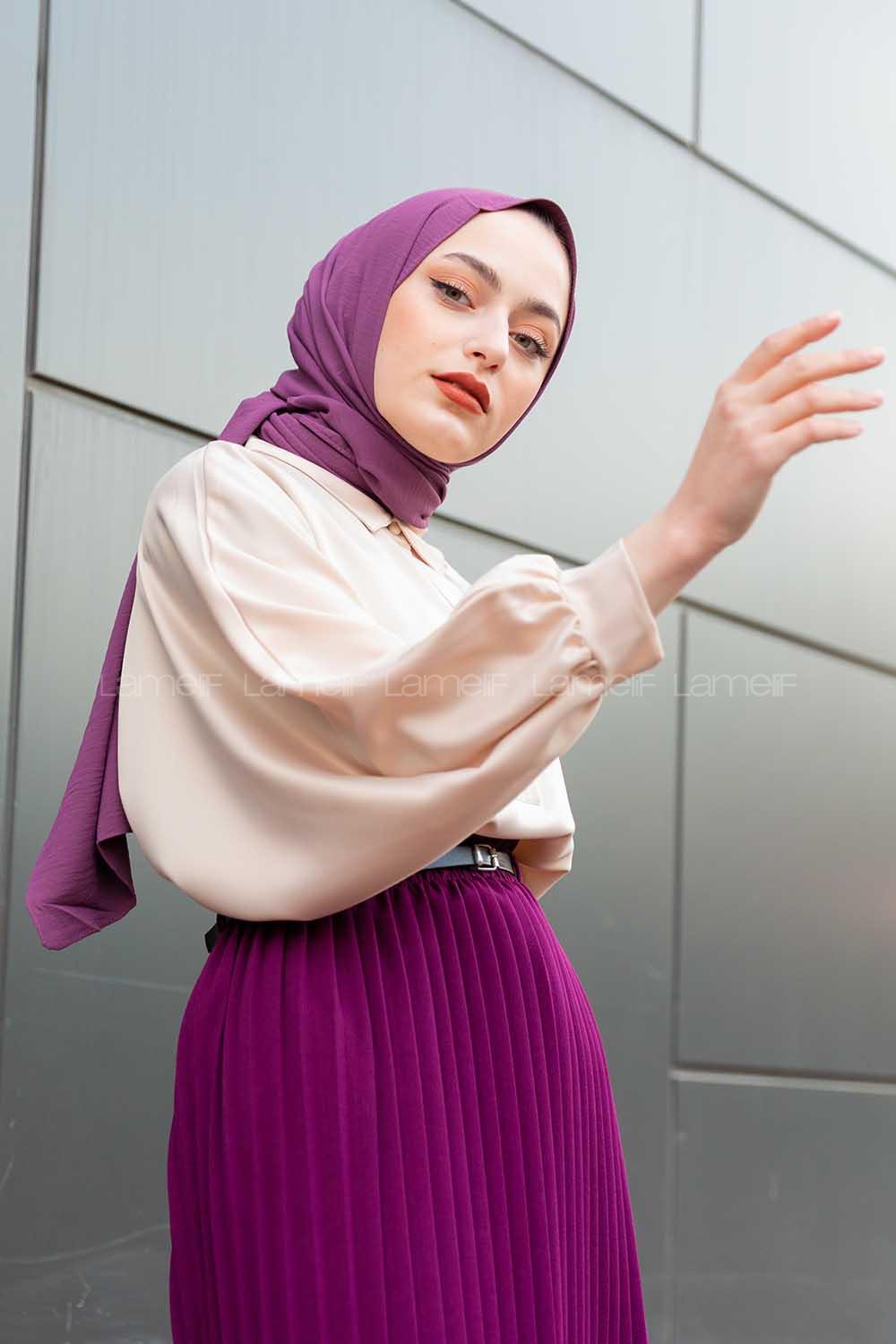 Modalamelif Yarasa Kol Düz Renk Saten Bluz Bej