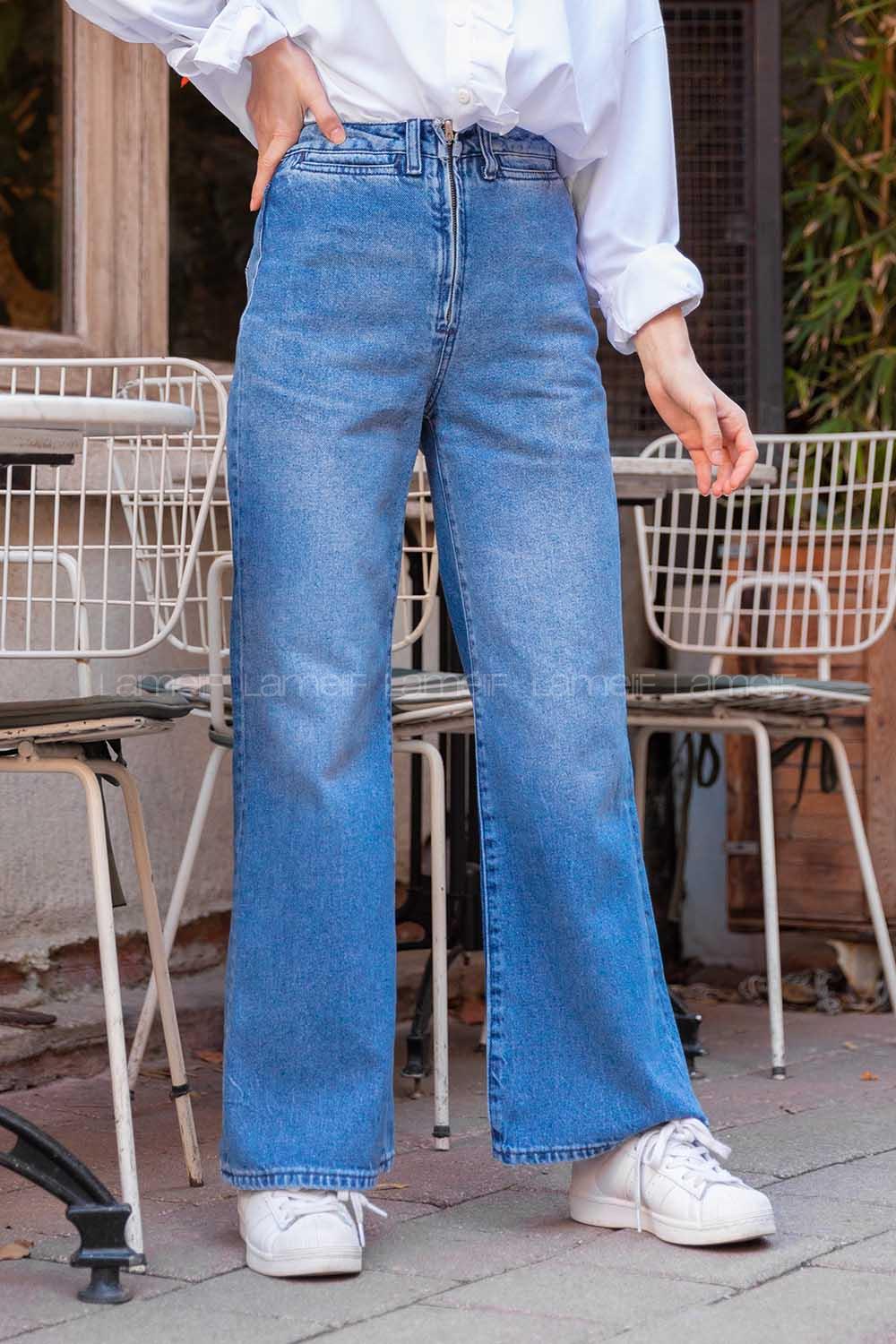 Modalamelif Önü Tam Fermuarlı Bol Paça Jean Kot Mavisi