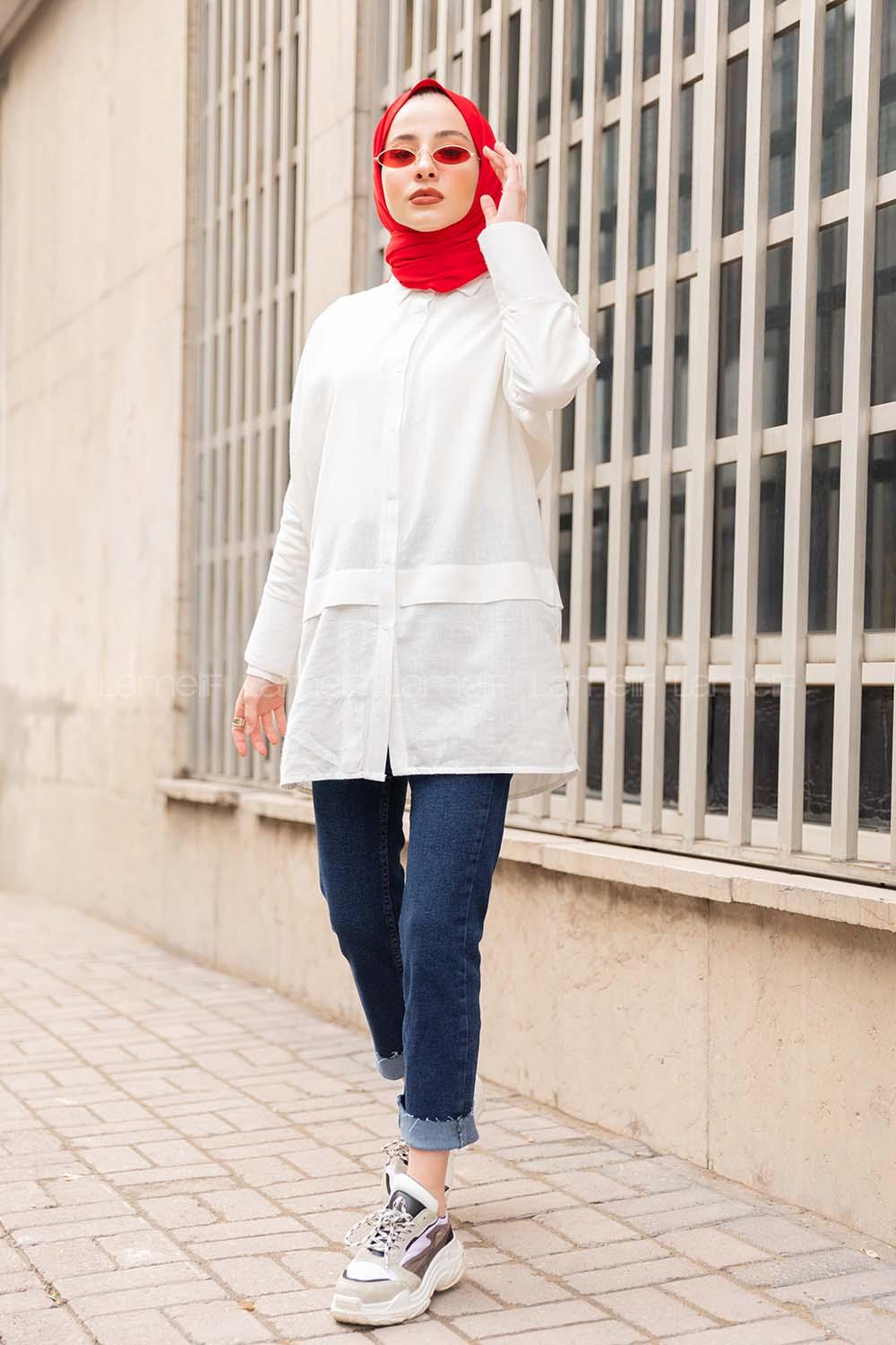 Modalamelif Önü Katlı Keten Gömlek Beyaz