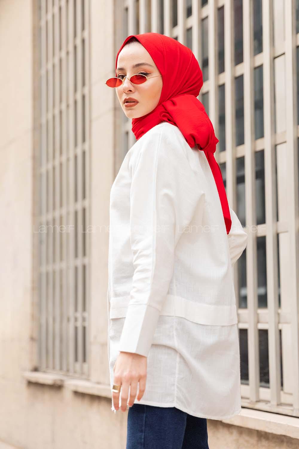 Modalamelif Önü Katlı Keten Gömlek Beyaz