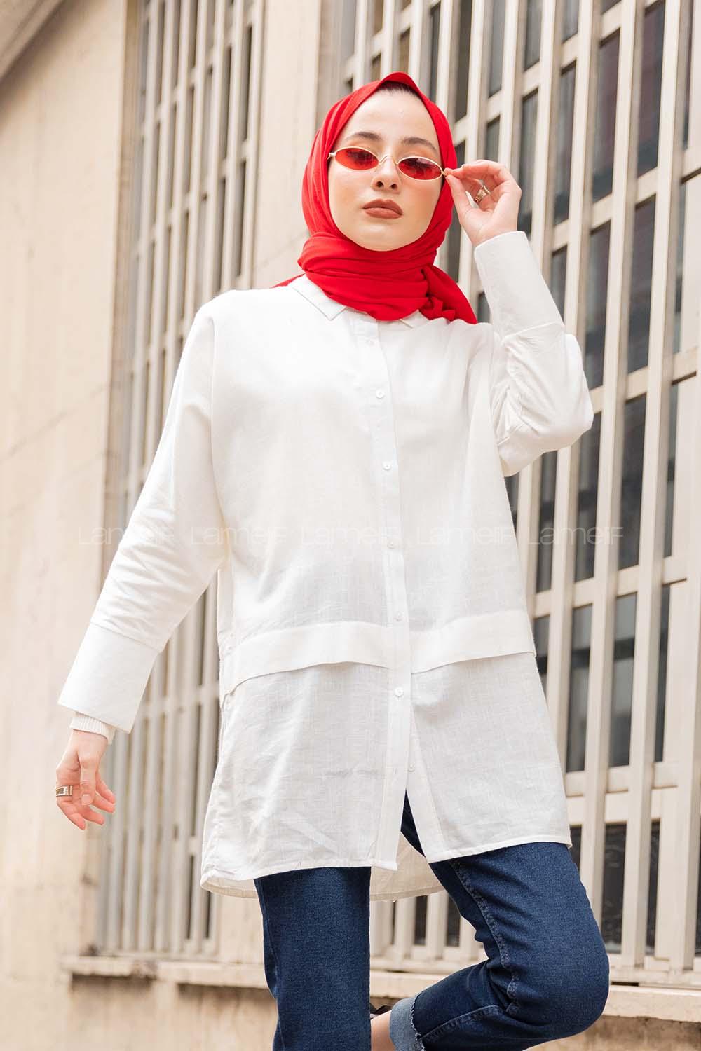 Modalamelif Önü Katlı Keten Gömlek Beyaz