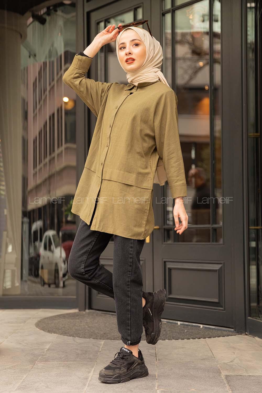 Modalamelif Önü Katlı Keten Gömlek Haki