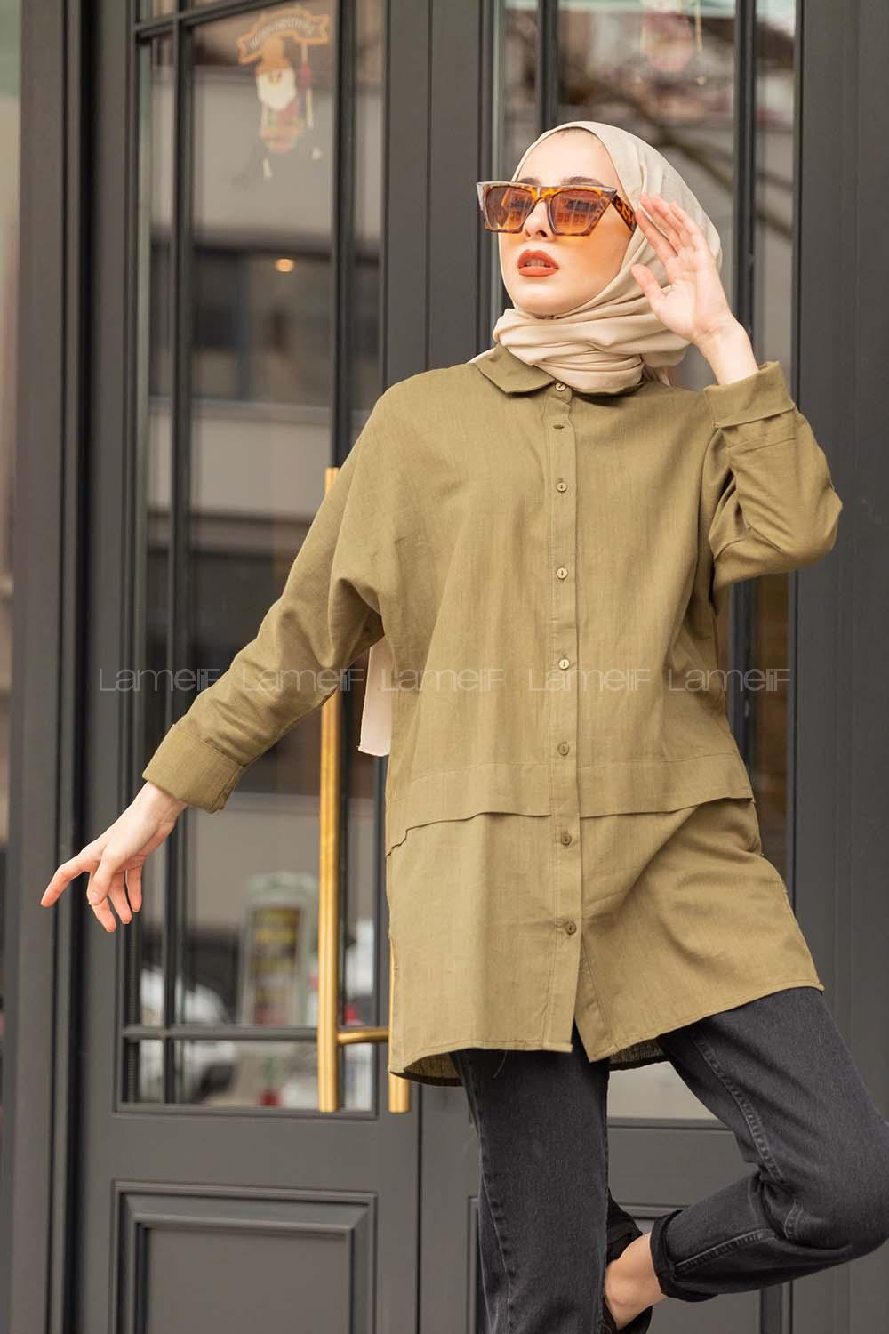 Modalamelif Önü Katlı Keten Gömlek Haki