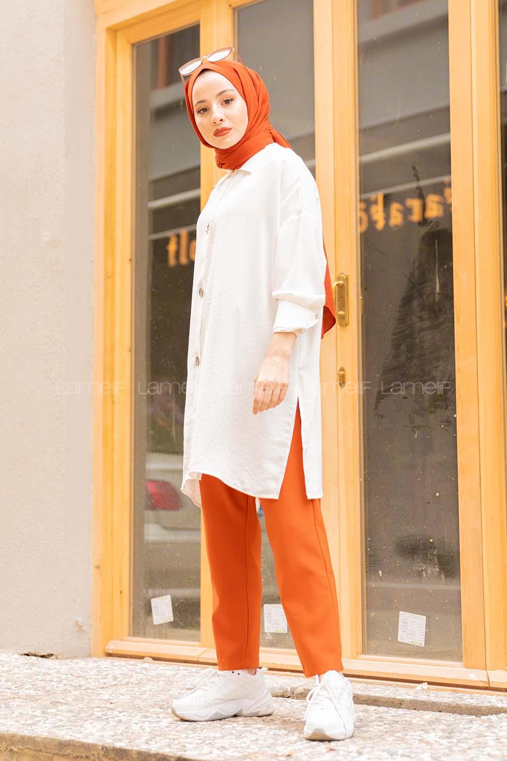 Modalamelif Büyük Düğmeli Yanları Yırtmaçlı Gömlek Beyaz