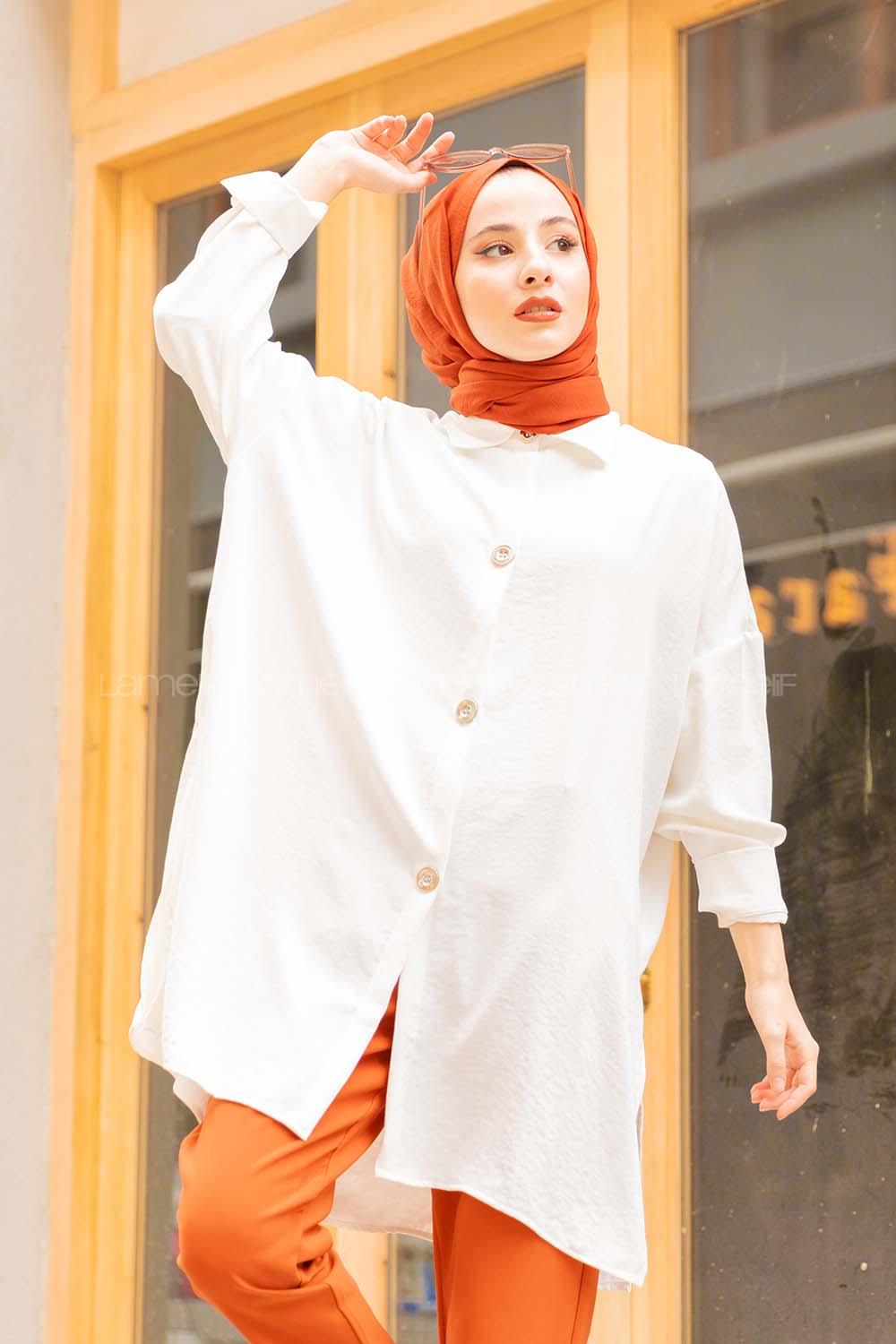 Modalamelif Büyük Düğmeli Yanları Yırtmaçlı Gömlek Beyaz