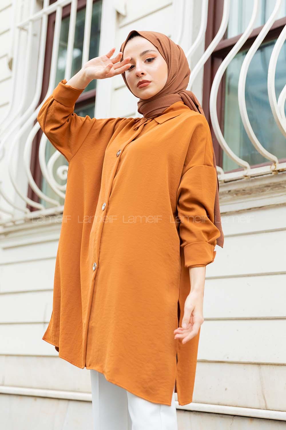 Modalamelif Büyük Düğmeli Yanları Yırtmaçlı Gömlek Camel