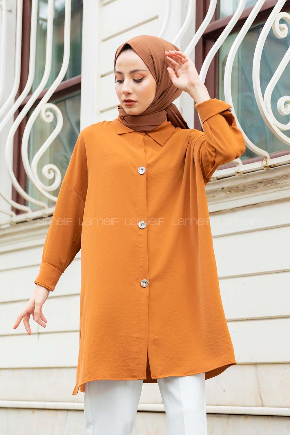 Modalamelif Büyük Düğmeli Yanları Yırtmaçlı Gömlek Camel