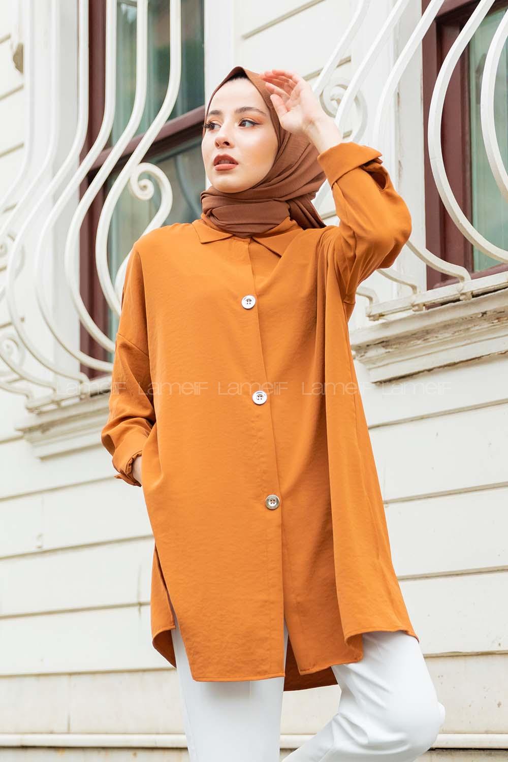 Modalamelif Büyük Düğmeli Yanları Yırtmaçlı Gömlek Camel