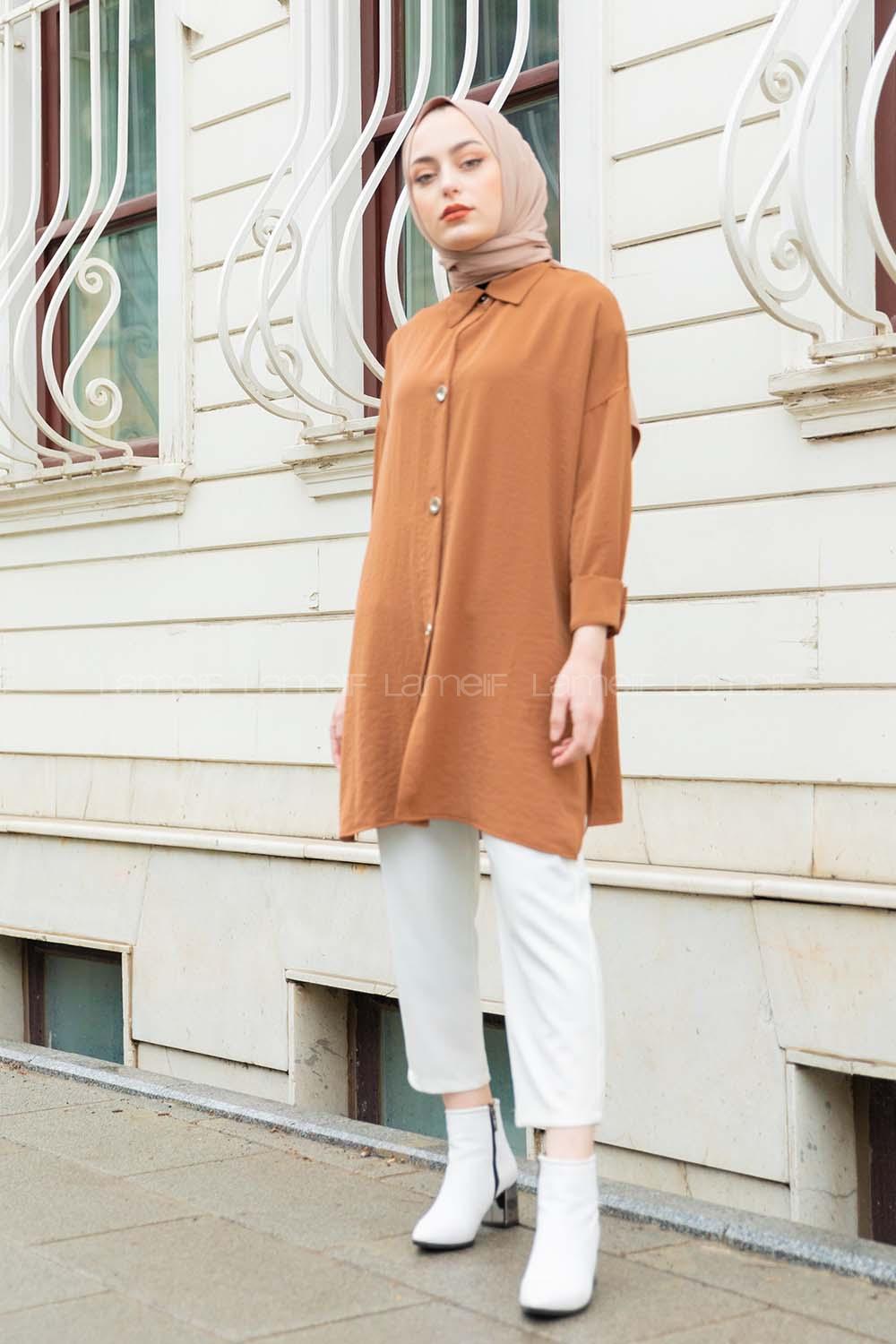 Modalamelif Büyük Düğmeli Yanları Yırtmaçlı Gömlek Kahverengi