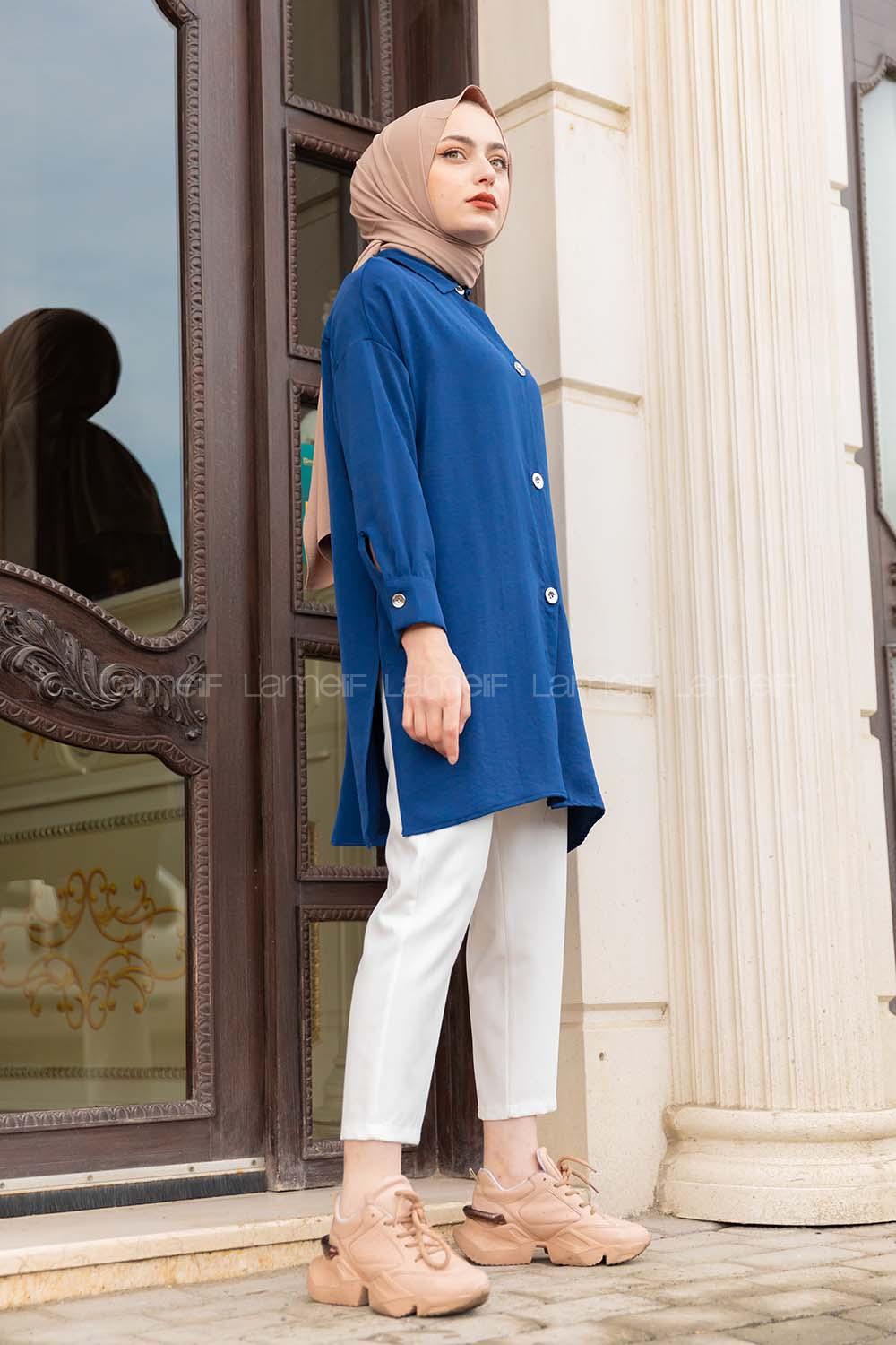 Modalamelif Büyük Düğmeli Yanları Yırtmaçlı Gömlek Mavi