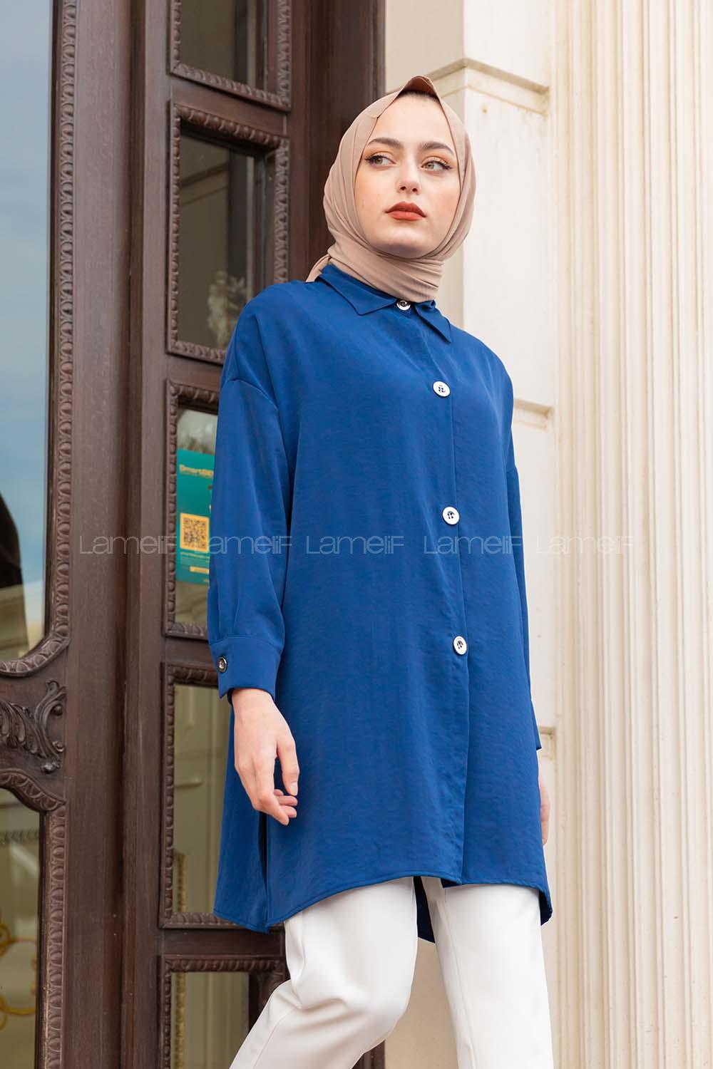 Modalamelif Büyük Düğmeli Yanları Yırtmaçlı Gömlek Mavi