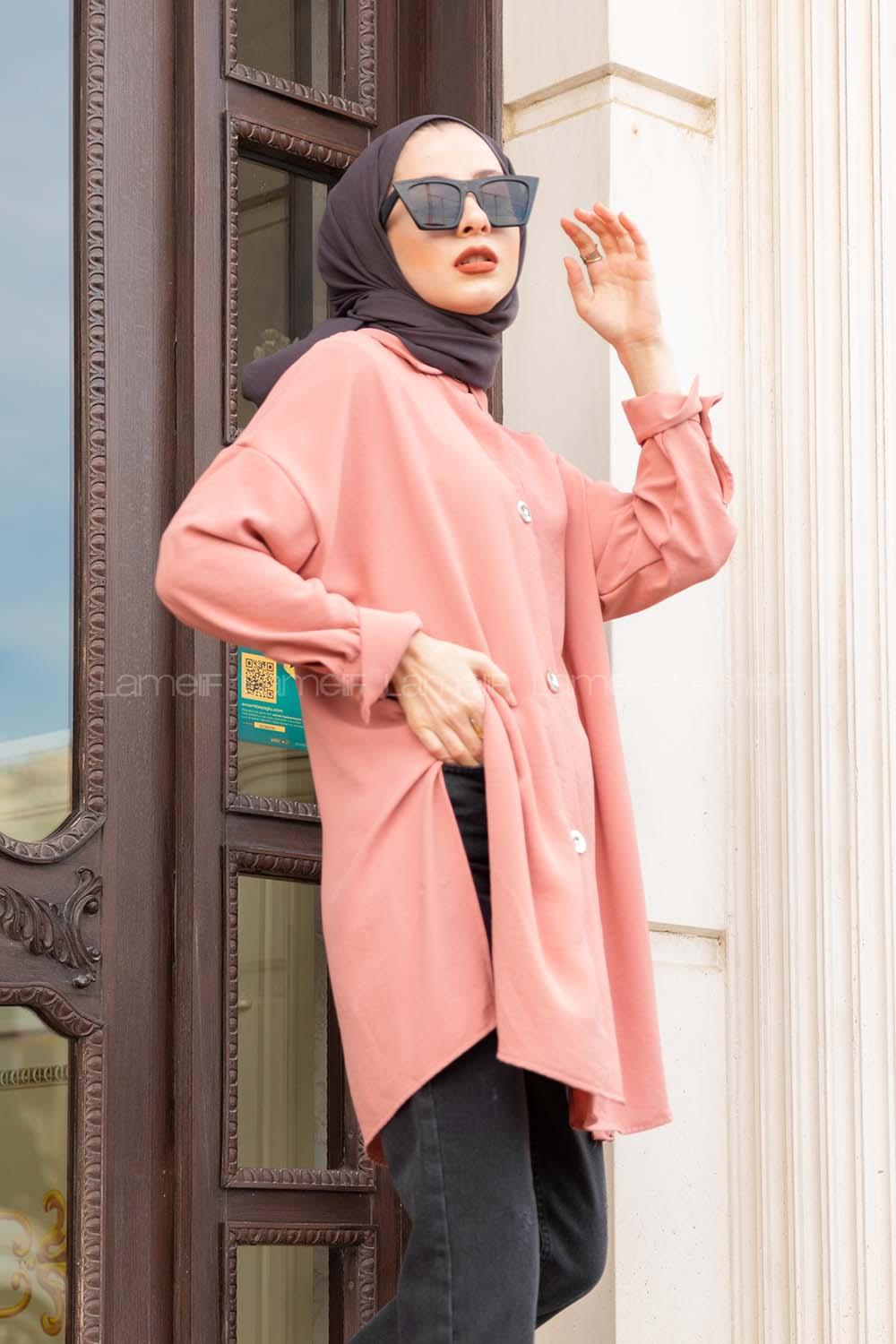 Modalamelif Büyük Düğmeli Yanları Yırtmaçlı Gömlek Pembe