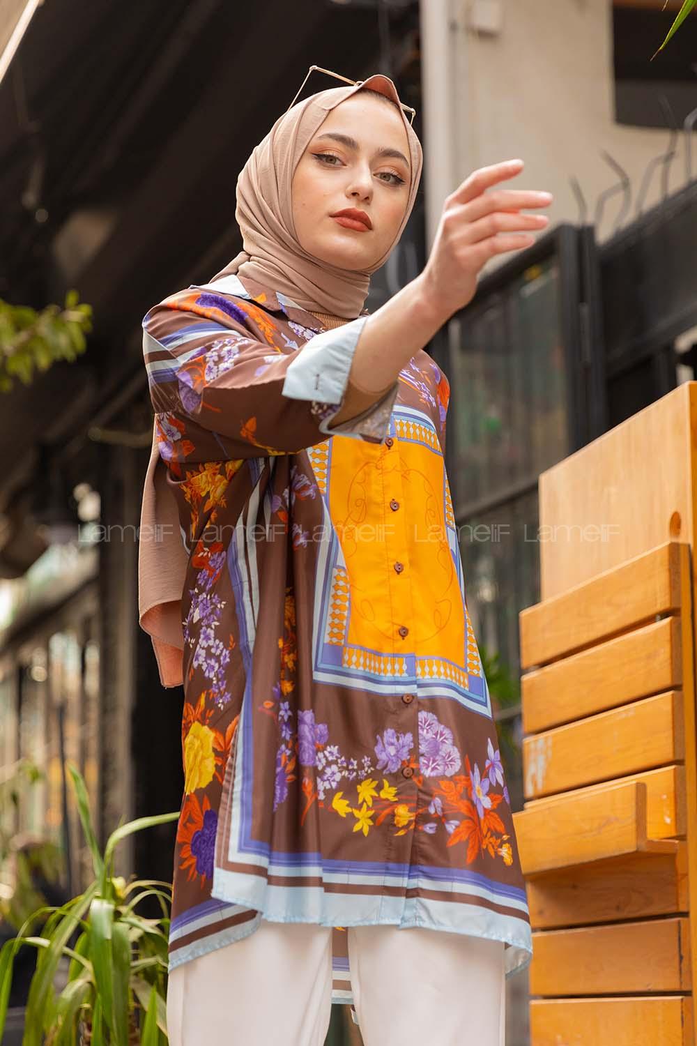 Modalamelif  Çiçek Desenli Gömlek Kahverengi